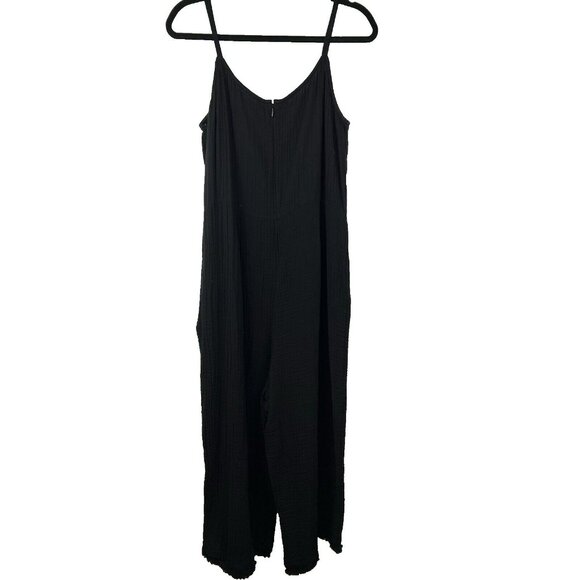 Eileen Fisher Pants - Eileen Fisher Jumpsuit M Black Organic Cotton Gauze Crinkle Cami Wide Leg Fringe